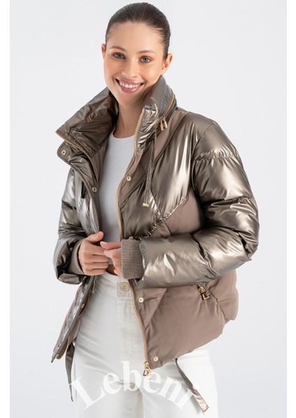 Kadın Şişme Kış ve Kayak Montu Gizli Kapüşonlu Parlak ve Mat Kumaş Puffer