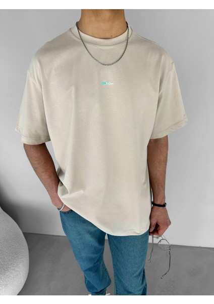 Erkek %100 Pamuk Ipli Bisiklet Yaka Oversize Neon Kabartma Baskı Dokulu T-Shirt Bej