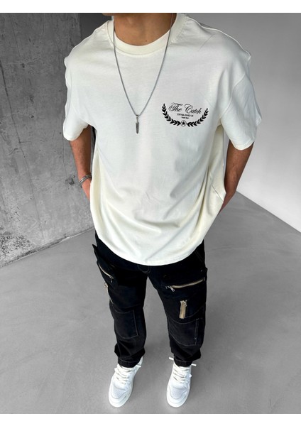 Erkek %100 Pamuk Baskılı Oversize T-Shirt Dokulu Kalın Bisiklet Yaka Ekru