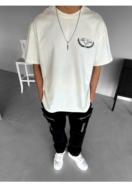 Erkek %100 Pamuk Baskılı Oversize T-Shirt Dokulu Kalın Bisiklet Yaka Ekru modelleri