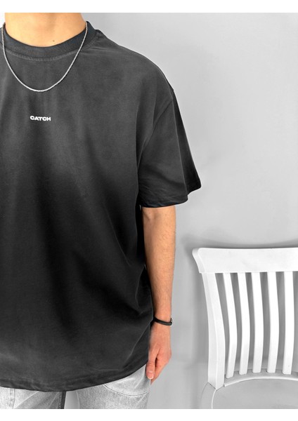 Erkek %100 Pamuk Baskılı Bisiklet Yaka Oversize Yıkamalı Dokulu T-Shirt Siyah fiyatları