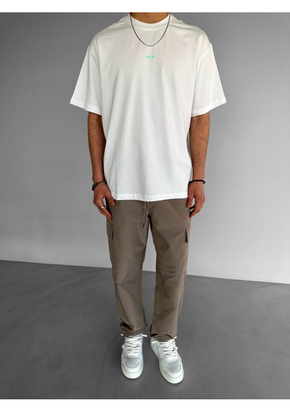 Erkek %100 Pamuk Ipli Yazlık Bisiklet Yaka Oversize Neon Kabartma Baskı Dokulu T-Shirt Beyaz