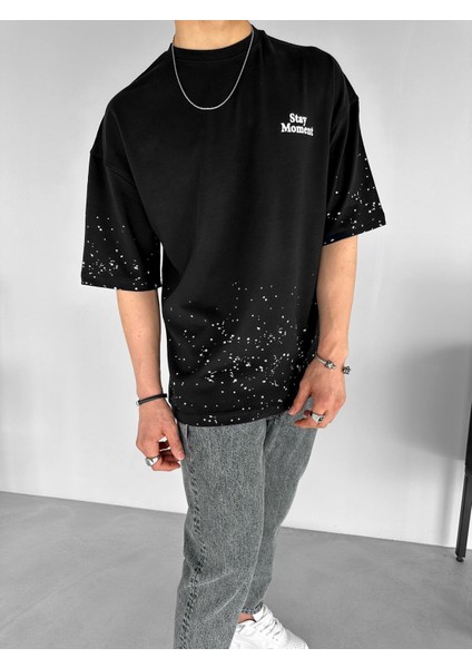 Erkek %100 Pamuk Ipli Bisiklet Yaka Oversize Dokulu Baskılı T-Shirt Siyah