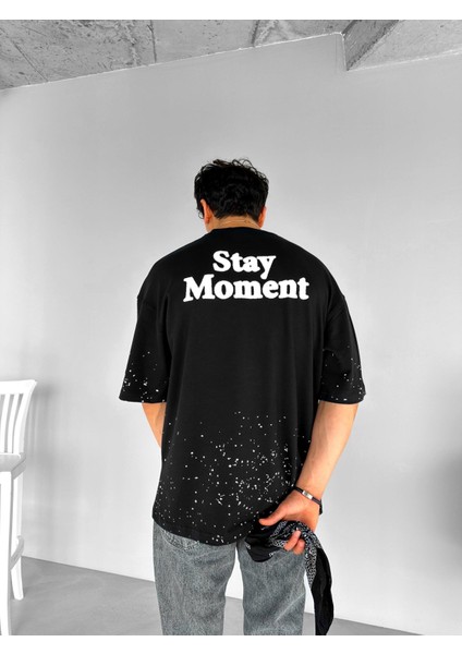 Erkek %100 Pamuk Ipli Bisiklet Yaka Oversize Dokulu Baskılı T-Shirt Siyah