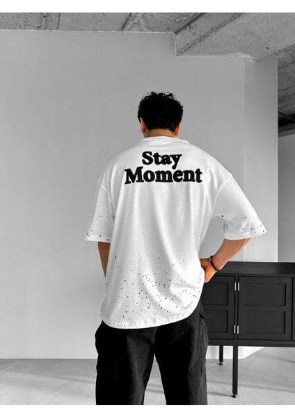 Erkek %100 Pamuk Ipli Yazlık Bisiklet Yaka Oversize Dokulu Baskılı T-Shirt Beyaz