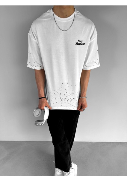 Erkek %100 Pamuk Ipli Yazlık Bisiklet Yaka Oversize Dokulu Baskılı T-Shirt Beyaz fiyatları