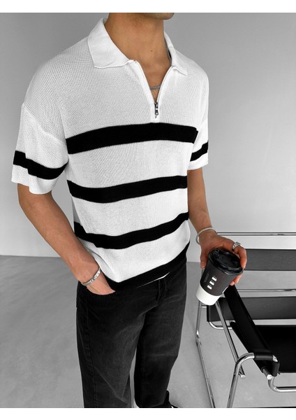 Erkek Yazlık Oversize Fit Fermuarlı Polo Yaka Çizgili Triko T-Shirt Ekru fiyatları