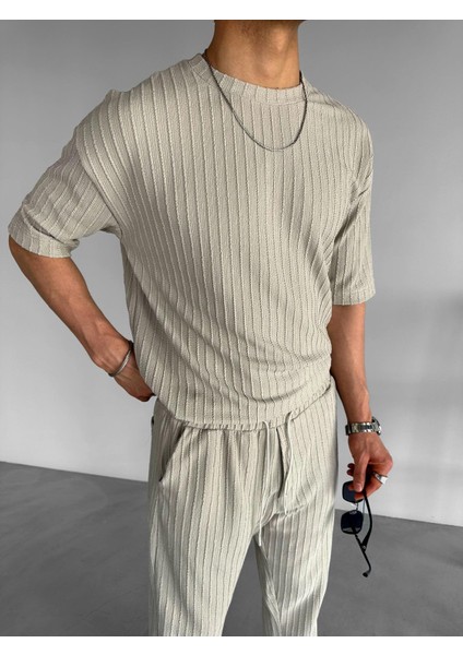 Erkek Yazlık Likralı Esnek Bisiklet Yaka Oversize Desenli Triko T-Shirt Gri