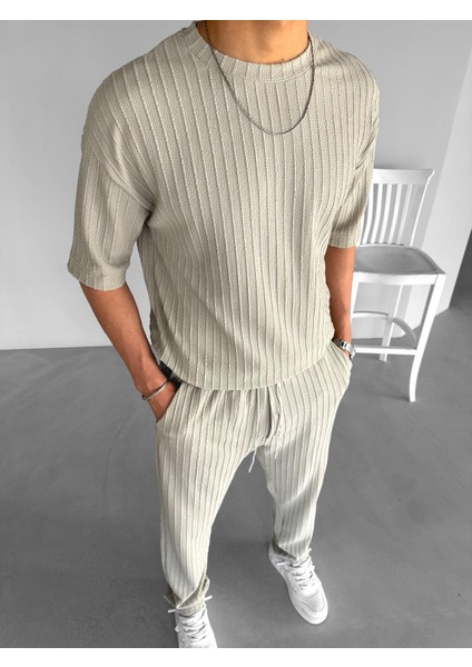 Erkek Yazlık Likralı Esnek Bisiklet Yaka Oversize Desenli Triko T-Shirt Gri fiyatları