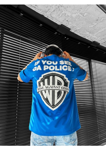 Erkek Ipli Fitilli Bisiklet Yaka Oversize 'police!' Baskılı Iki Iplik T-Shirt Mavi