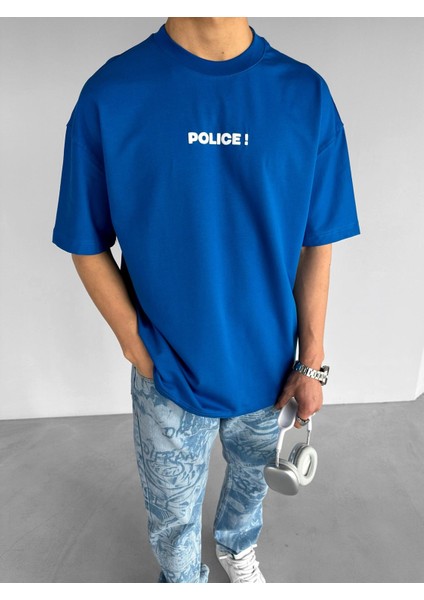 Erkek Ipli Fitilli Bisiklet Yaka Oversize 'police!' Baskılı Iki Iplik T-Shirt Mavi fiyatları