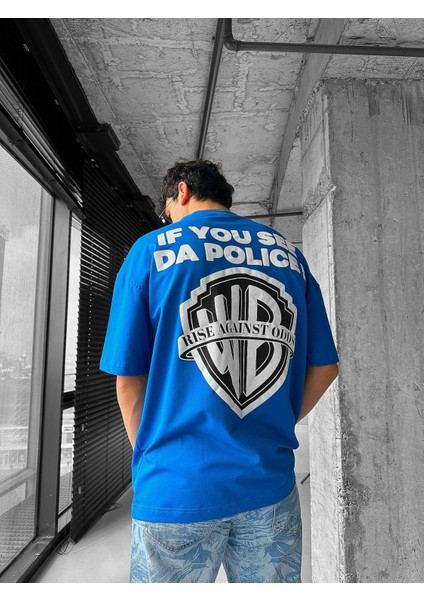 Erkek Ipli Fitilli Bisiklet Yaka Oversize 'police!' Baskılı Iki Iplik T-Shirt Mavi modelleri