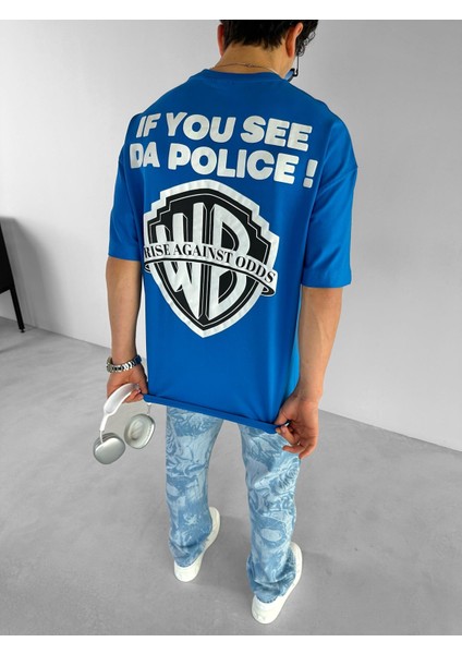 Erkek Ipli Fitilli Bisiklet Yaka Oversize 'police!' Baskılı Iki Iplik T-Shirt Mavi fırsatları