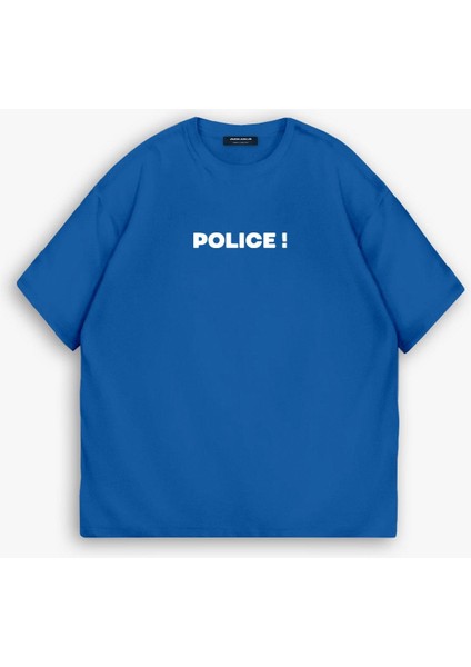 Erkek Ipli Fitilli Bisiklet Yaka Oversize 'police!' Baskılı Iki Iplik T-Shirt Mavi indirimleri