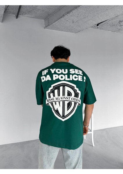Erkek Ipli Fitilli Bisiklet Yaka Oversize 'police!' Baskılı Iki Iplik T-Shirt Yeşil