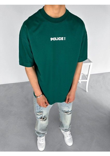 Erkek Ipli Fitilli Bisiklet Yaka Oversize 'police!' Baskılı Iki Iplik T-Shirt Yeşil fiyatları