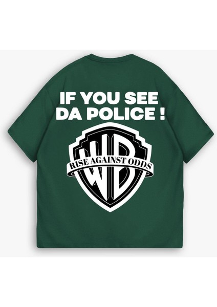 Erkek Ipli Fitilli Bisiklet Yaka Oversize 'police!' Baskılı Iki Iplik T-Shirt Yeşil modelleri