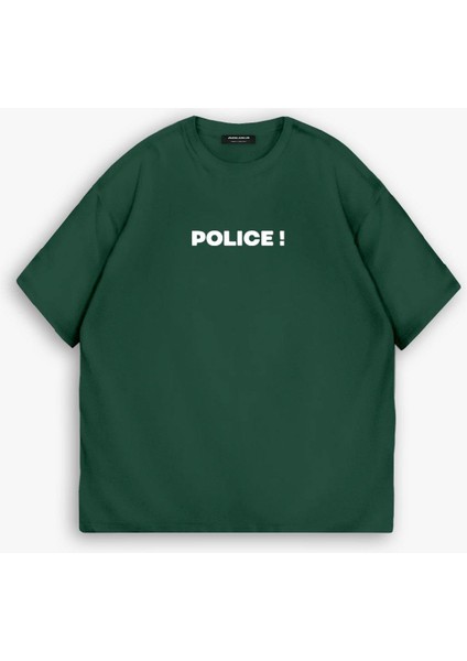 Erkek Ipli Fitilli Bisiklet Yaka Oversize 'police!' Baskılı Iki Iplik T-Shirt Yeşil fırsatları