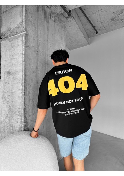 Erkek Ipli Fitilli Yazlık Bisiklet Yaka Oversize "error 404" Baskılı Iki Iplik T-Shirt Siyah