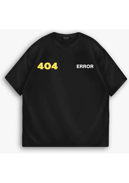 Erkek Ipli Fitilli Yazlık Bisiklet Yaka Oversize "error 404" Baskılı Iki Iplik T-Shirt Siyah