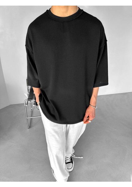 Erkek Oversize Dikiş Detaylı T-Shirt Siyah