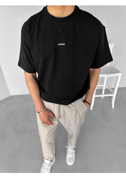 Erkek %100 Pamuk Ipli Bisiklet Yaka Oversize Neon Kabartma Baskı Dokulu T-Shirt Siyah