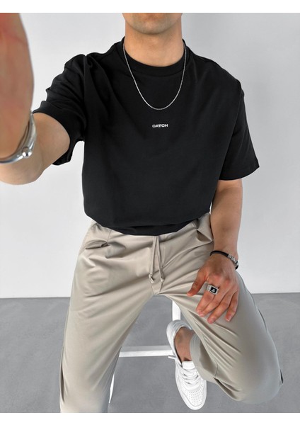 Erkek %100 Pamuk Ipli Bisiklet Yaka Oversize Neon Kabartma Baskı Dokulu T-Shirt Siyah fiyatları