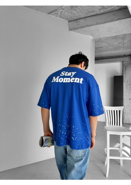 Erkek %100 Pamuk Ipli Bisiklet Yaka Oversize Dokulu Baskılı T-Shirt Lacivert