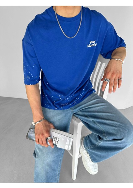 Erkek %100 Pamuk Ipli Bisiklet Yaka Oversize Dokulu Baskılı T-Shirt Lacivert