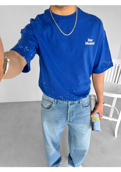 Erkek %100 Pamuk Ipli Bisiklet Yaka Oversize Dokulu Baskılı T-Shirt Lacivert