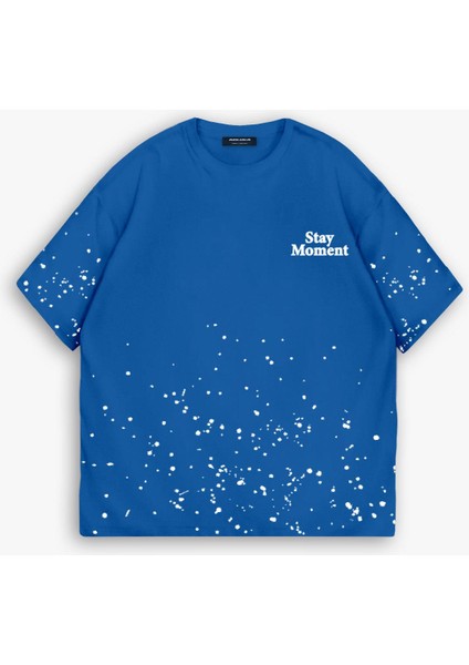 Erkek %100 Pamuk Ipli Bisiklet Yaka Oversize Dokulu Baskılı T-Shirt Lacivert