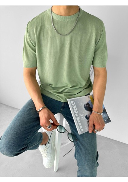 Erkek Fitilli Yazlık Polo Yaka Likralı Esnek Oversize Bisiklet Yaka Esnek Triko T-Shirt Açık Yeşil