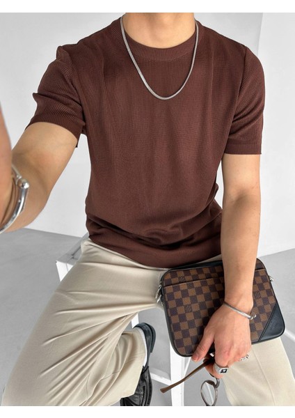 Erkek Fitilli Yazlık Polo Yaka Likralı Esnek Oversize Bisiklet Yaka Esnek Triko T-Shirt Kahve