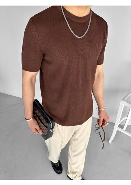 Erkek Fitilli Yazlık Polo Yaka Likralı Esnek Oversize Bisiklet Yaka Esnek Triko T-Shirt Kahve fiyatları