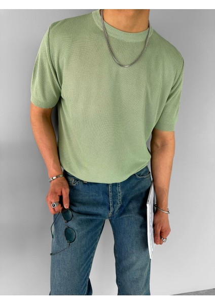 Erkek Fitilli Yazlık Polo Yaka Likralı Esnek Oversize Bisiklet Yaka Esnek Triko T-Shirt Açık Yeşil fiyatları