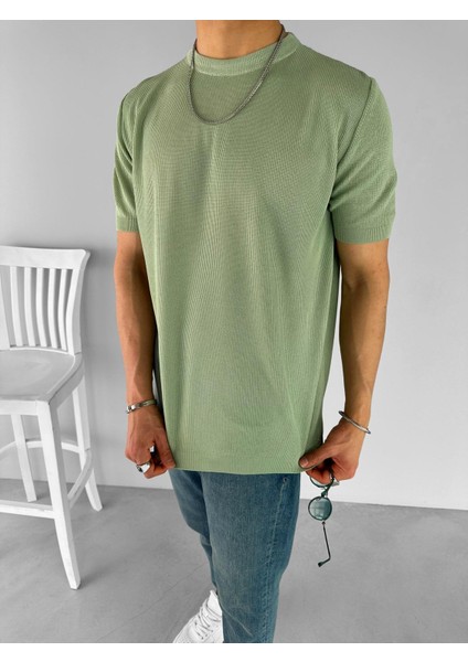 Erkek Fitilli Yazlık Polo Yaka Likralı Esnek Oversize Bisiklet Yaka Esnek Triko T-Shirt Açık Yeşil modelleri