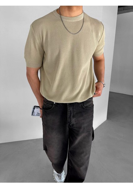 Erkek Fitilli Yazlık Polo Yaka Likralı Esnek Oversize Bisiklet Yaka Esnek Triko T-Shirt Bej