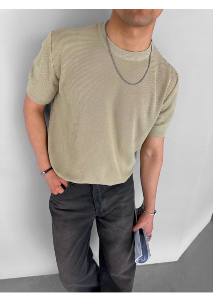 Erkek Fitilli Yazlık Polo Yaka Likralı Esnek Oversize Bisiklet Yaka Esnek Triko T-Shirt Bej fiyatları
