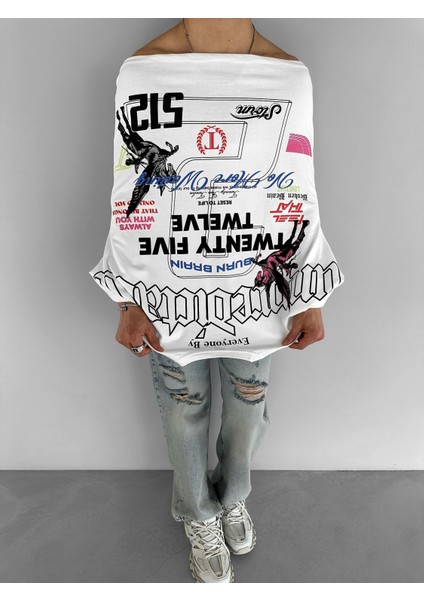 Erkek %100 Pamuk Yazlık Bisiklet Yaka Extra Oversize Baskılı T-Shirt Beyaz modelleri