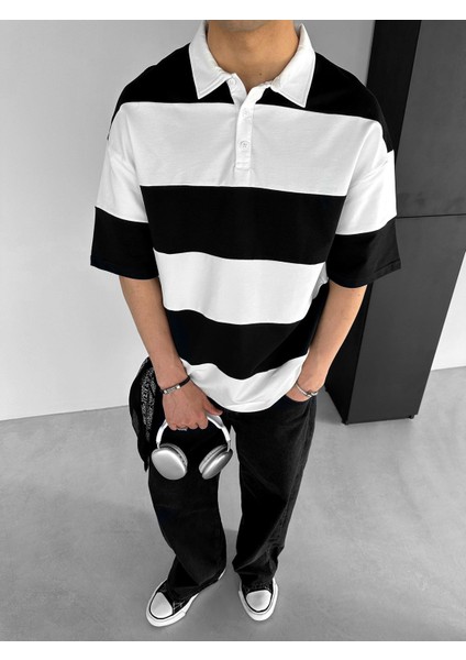 Erkek Yazlık Oversize Renk Bloklu Polo Yaka T-Shirt Siyah