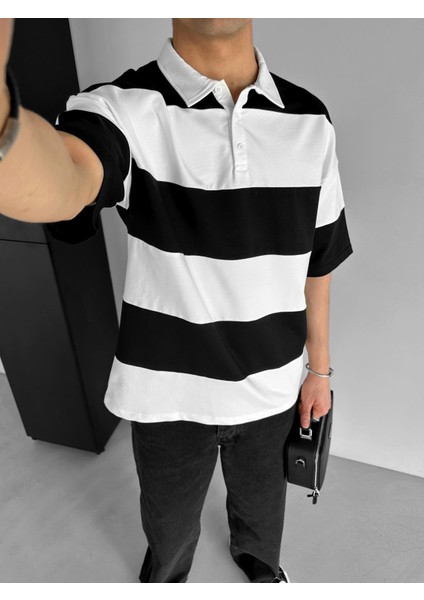 Erkek Yazlık Oversize Renk Bloklu Polo Yaka T-Shirt Siyah fiyatları