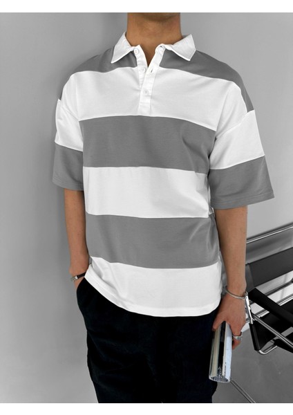 Erkek Yazlık Oversize Renk Bloklu Polo Yaka T-Shirt Gri