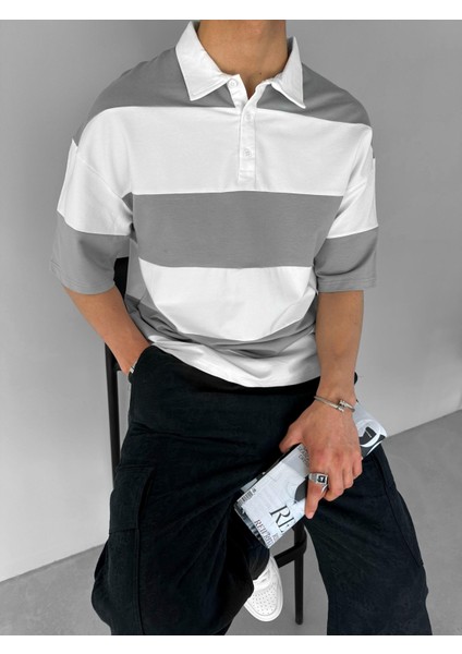 Erkek Yazlık Oversize Renk Bloklu Polo Yaka T-Shirt Gri fiyatları