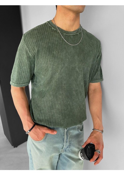 Erkek Yazlık Örme Bisiklet Yaka Pamuklu Dokulu Esnek Yıkama Görünümlü Triko T-Shirt Yeşil fiyatları