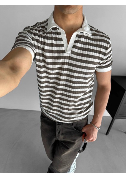 Erkek Fitilli Yazlık Polo Yaka Yarım Pat Gömlek Yaka Çizgili Triko T-Shirt Kahve