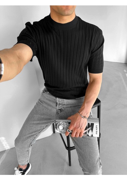 Erkek Yazlık Örme Fitilli Dokulu Kısa Kol Triko T-Shirt Siyah fiyatları
