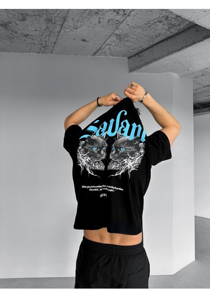 Erkek %100 Pamuk Dokulu Yazlık Oversize Baskılı Bisiklet Yaka T-Shirt Siyah