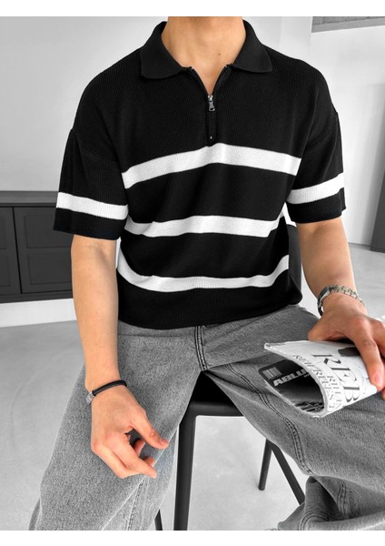 Erkek Yazlık Oversize Fit Fermuarlı Polo Yaka Çizgili Triko T-Shirt Siyah