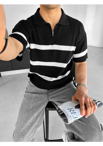 Erkek Yazlık Oversize Fit Fermuarlı Polo Yaka Çizgili Triko T-Shirt Siyah fiyatları