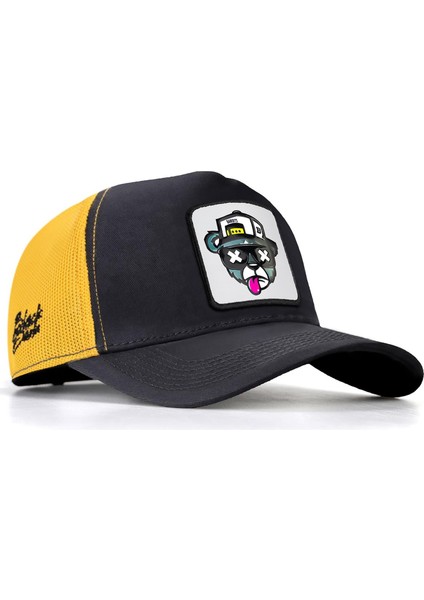 V1 Trucker Ayı - 6 Kod Logolu Unisex Koyu Antrasit-Sarı Şapka (Cap)